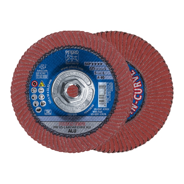 Pferd 5" x 5/8-11 Thd. POLIFAN Flap Disc - A SGP CURVE STEELOX, Aluminum oxide, 40 Grit, Large Radius 67676 - main